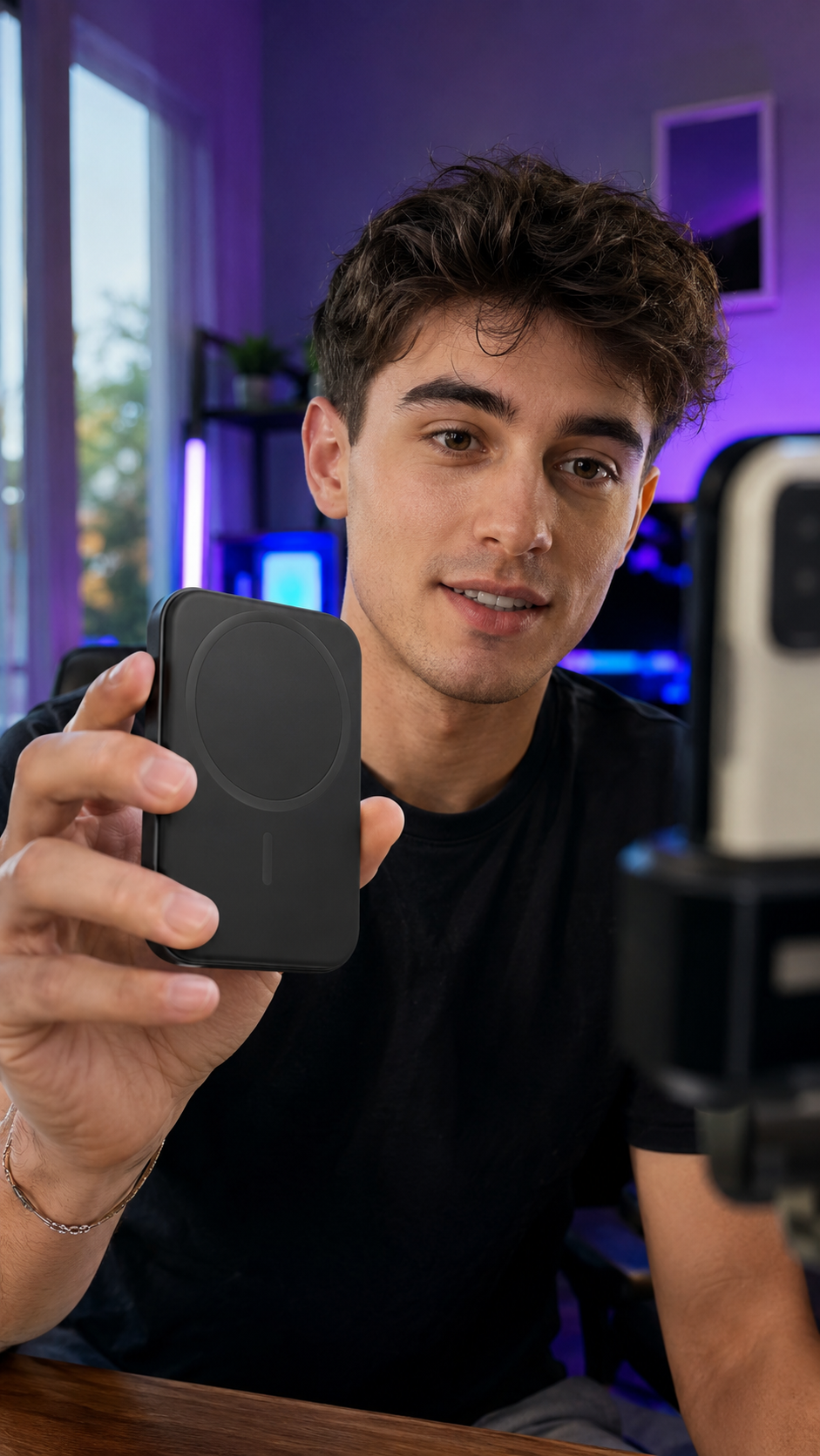 Creador mostrando un accesorio tecnológico en un vídeo UGC